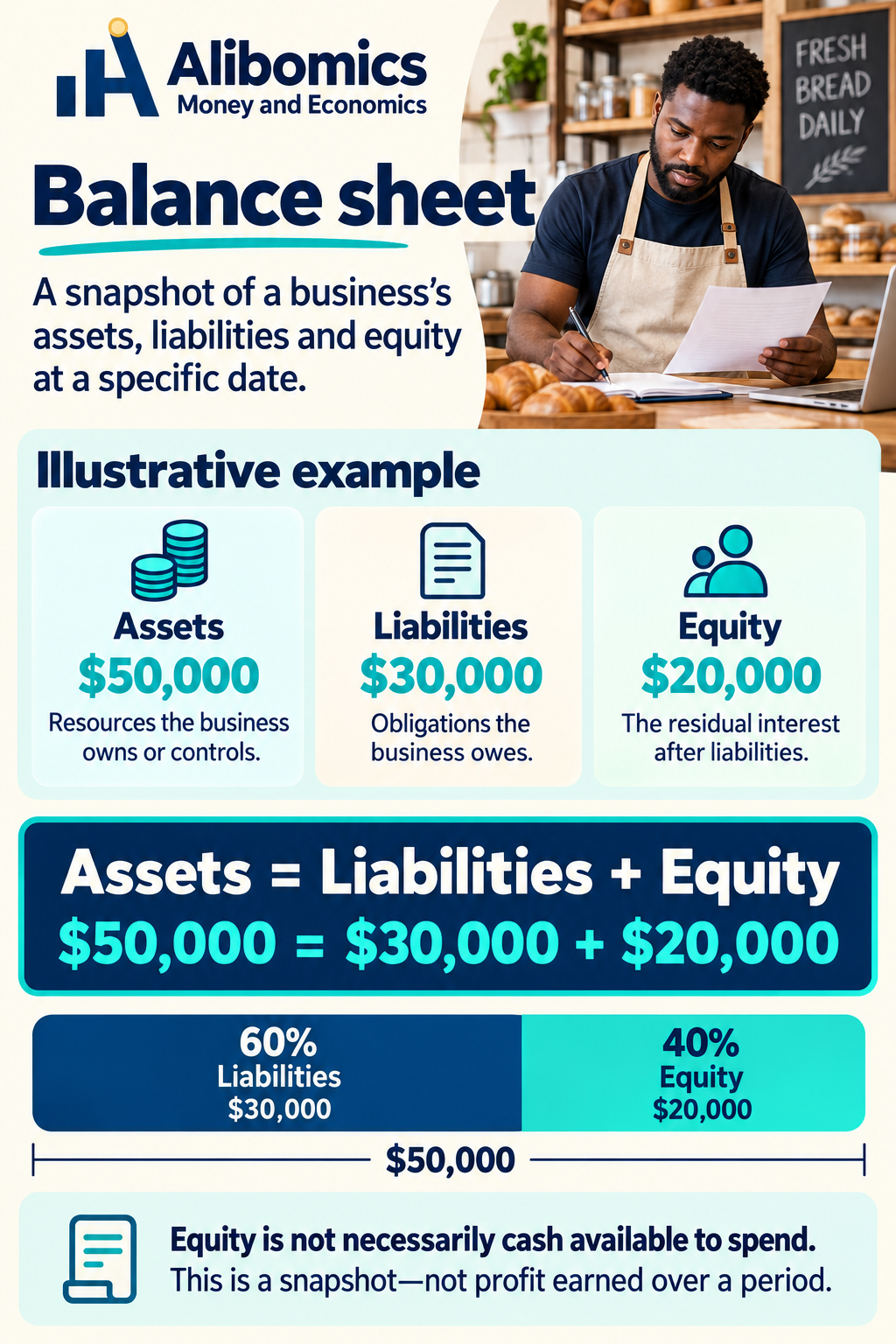 Balance sheet: A snapshot of assets, liabilities and equity at a particular date.
