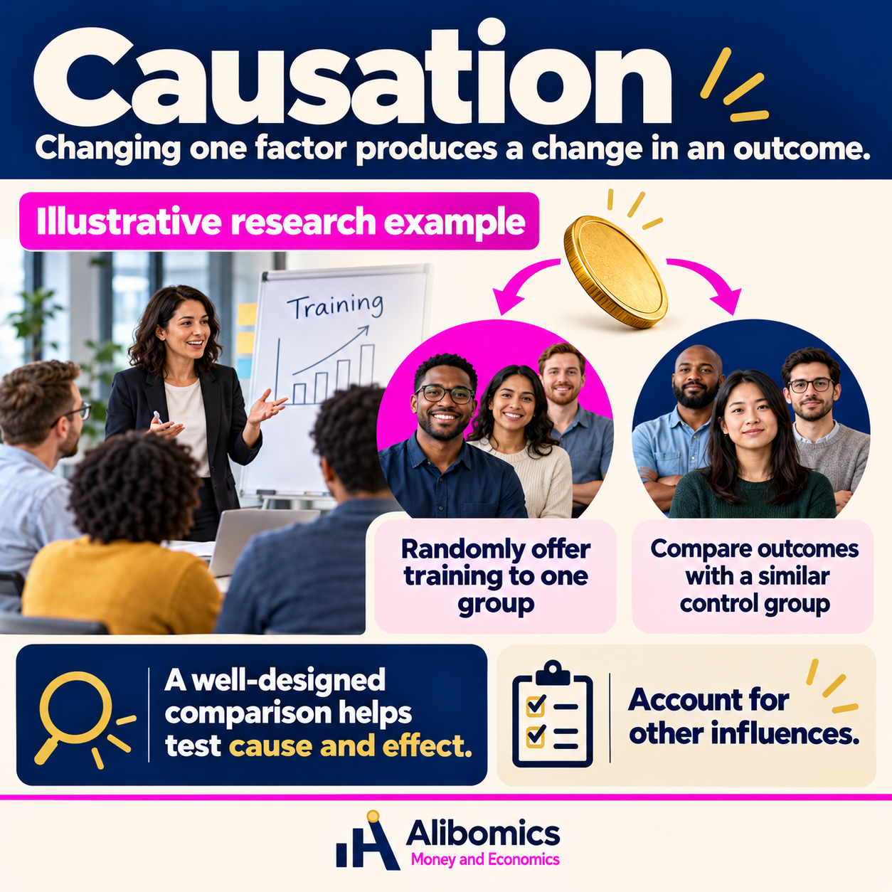 Causation: A change in one factor produces a change in another, assessed against what would have happened otherwise.
