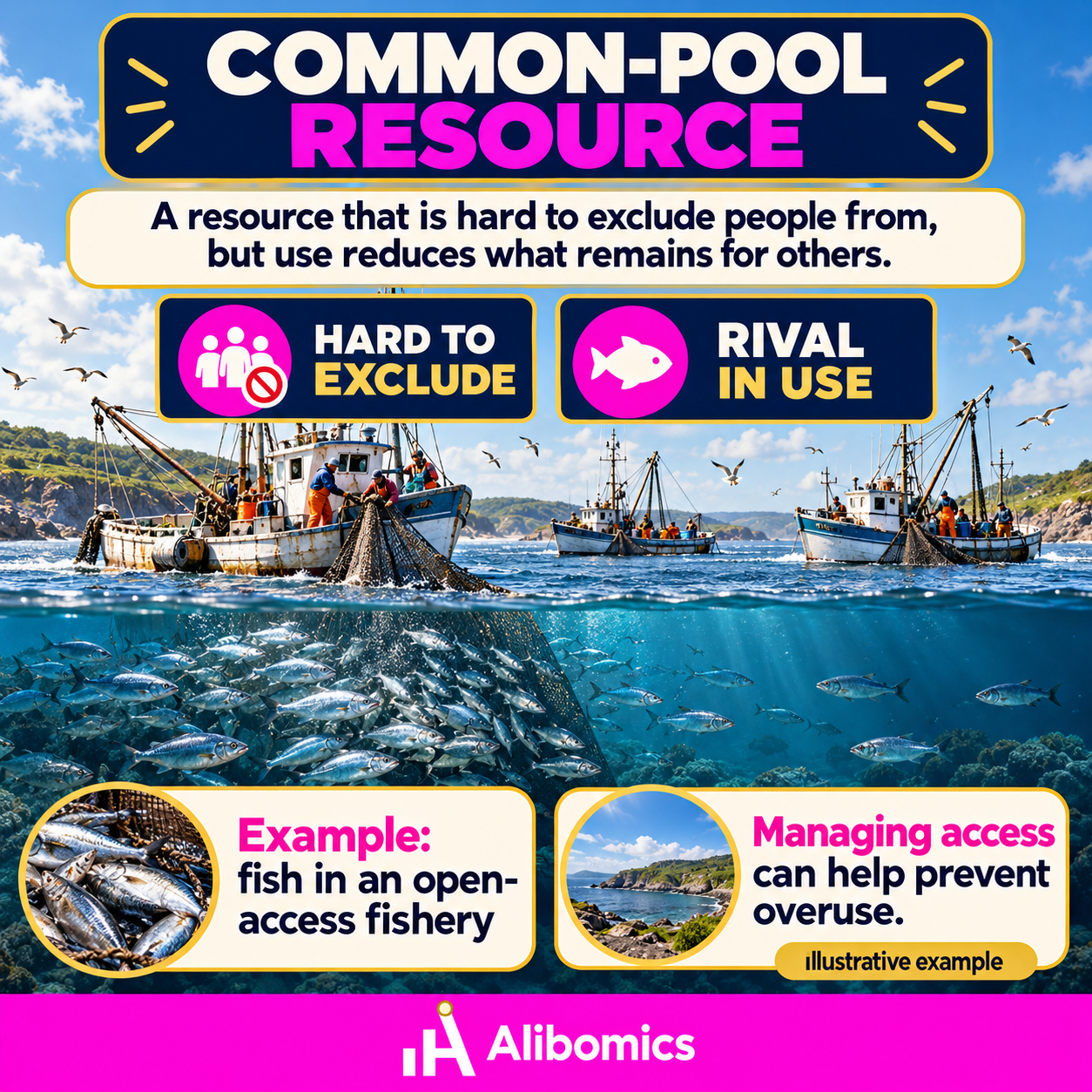 Common-pool resource: A resource that is difficult to exclude people from using, but whose use reduces what remains for others.