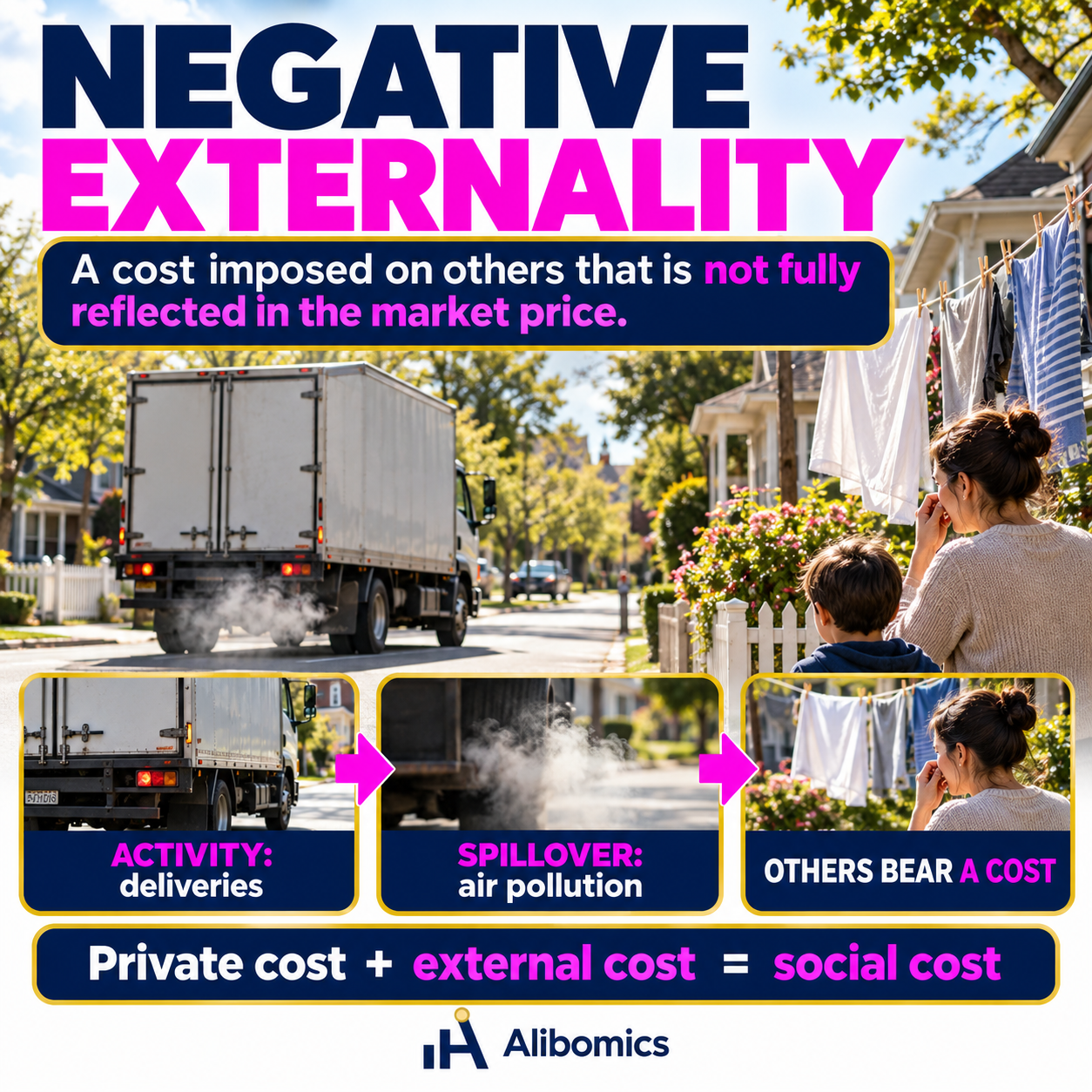 Negative externality: A cost imposed on others that is not fully reflected in the decision-maker’s private costs.