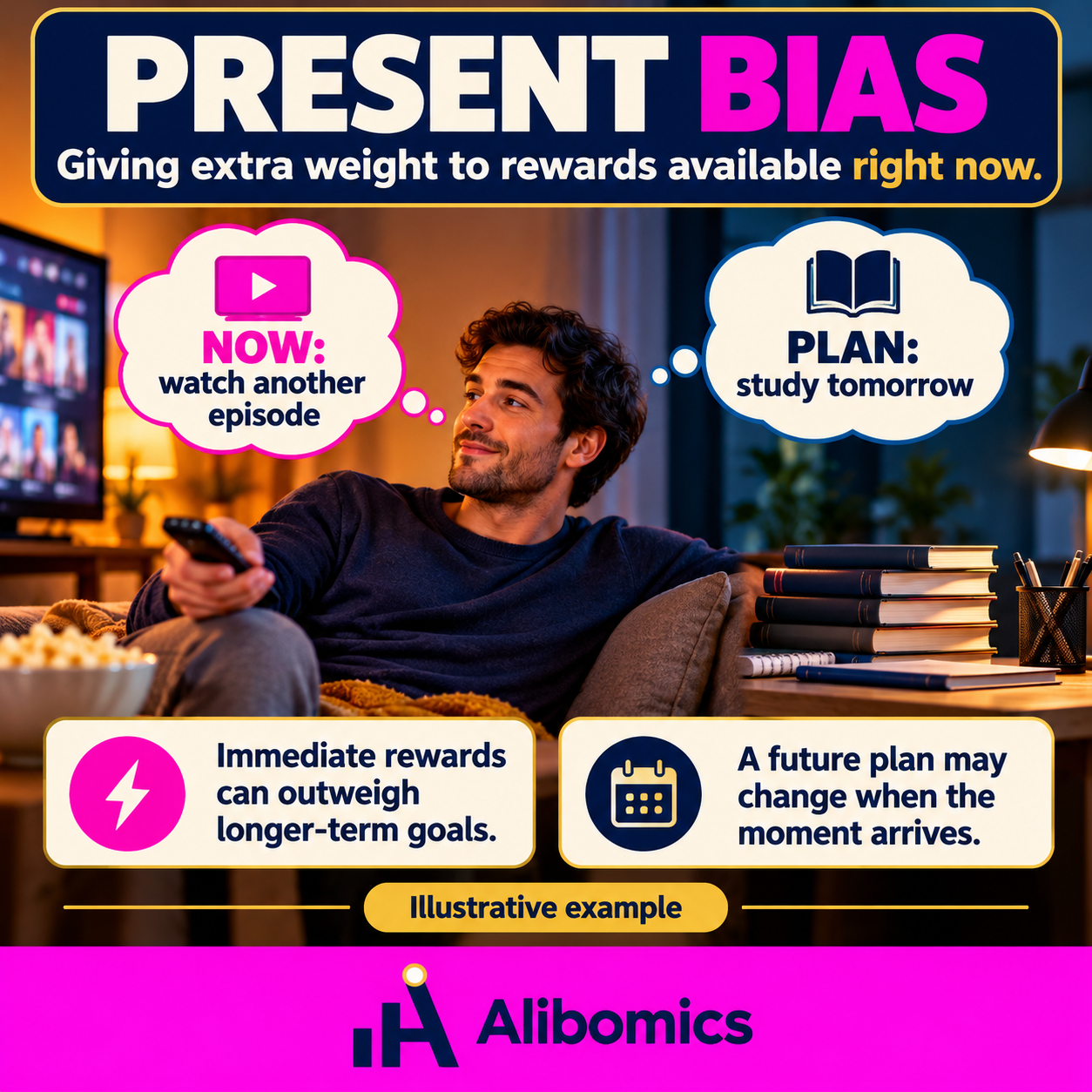 Present bias: Giving disproportionate weight to immediate outcomes compared with later ones.
